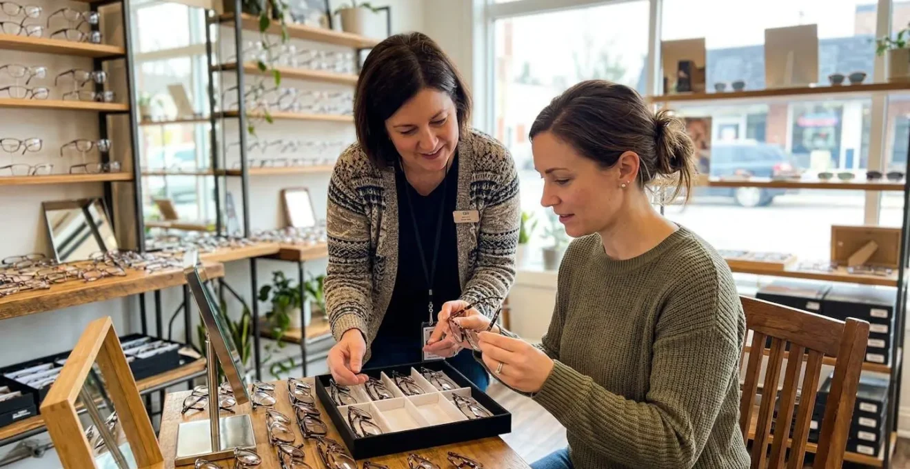 Une opticienne montre différentes montures à une cliente assise, toutes deux concentrées sur le choix, dans une boutique lumineuse