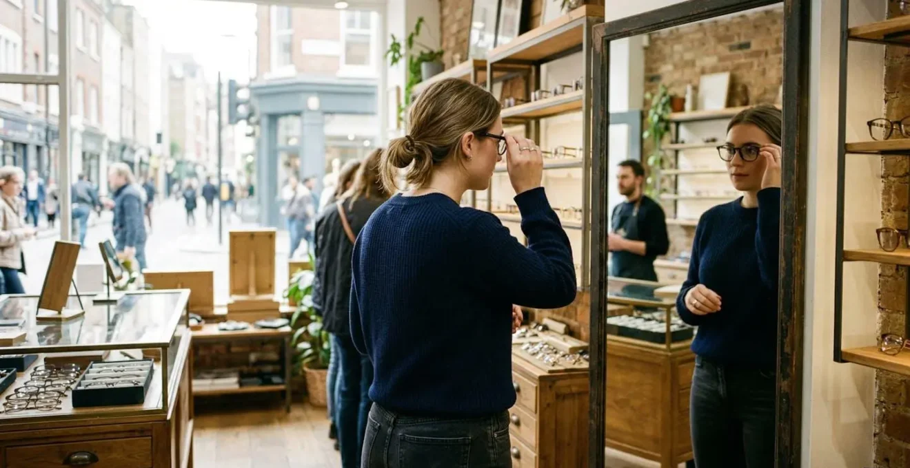 Une femme de dos essaie des lunettes devant un miroir dans une boutique aux grandes vitrines donnant sur une rue piétonne ensoleillée