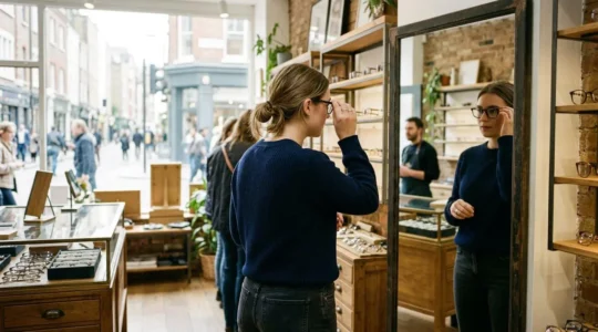 Une femme de dos essaie des lunettes devant un miroir dans une boutique aux grandes vitrines donnant sur une rue piétonne ensoleillée