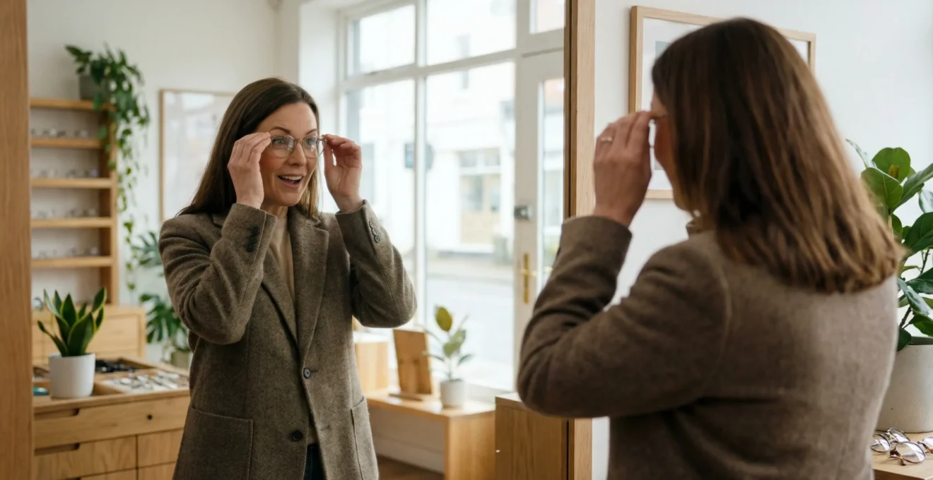 Femme essayant des lunettes devant miroir chez opticien conseil morphologique