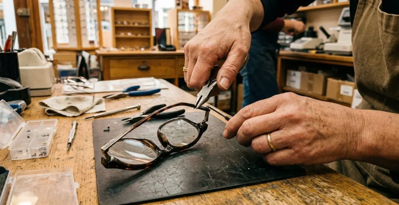 Les mains d'un opticien ajustent délicatement les branches d'une paire de lunettes sur un établi garni de petits outils