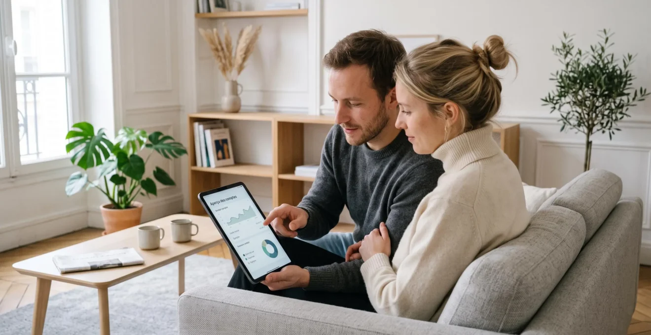 Couple assis sur un canapé contemporain consultant ensemble une tablette affichant une interface bancaire dans un salon lumineux français