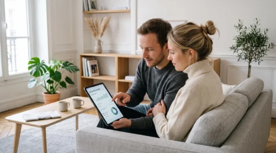 Couple assis sur un canapé contemporain consultant ensemble une tablette affichant une interface bancaire dans un salon lumineux français