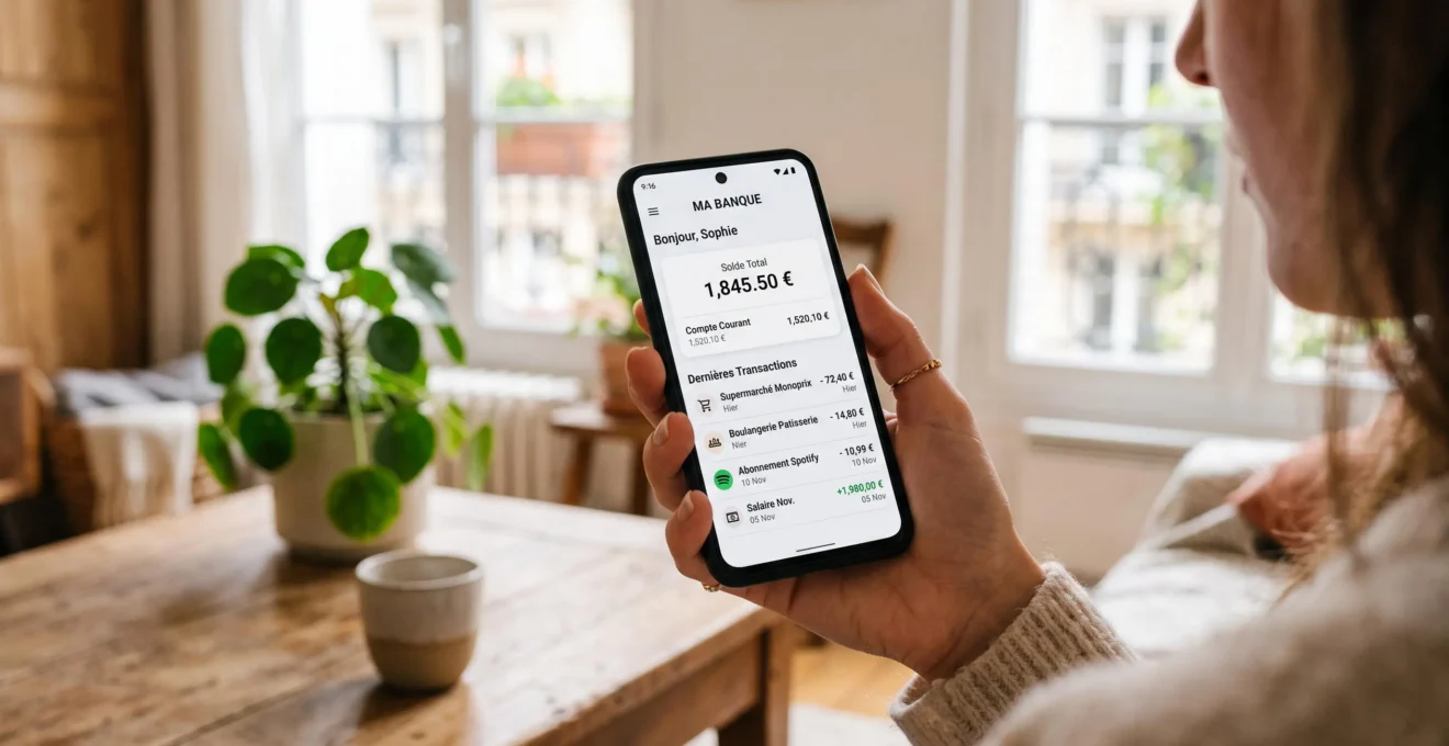 Gros plan sur une main tenant un smartphone affichant une application bancaire mobile avec graphiques de solde et transactions
