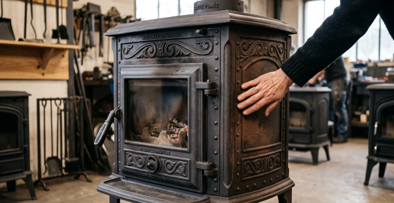 Gros plan sur un poêle à bois en fonte traditionnelle montrant l'épaisseur du matériau, les ornements moulés, la poignée en fonte, une main posée sur le flanc pour illustrer l'échelle et la chaleur résiduelle