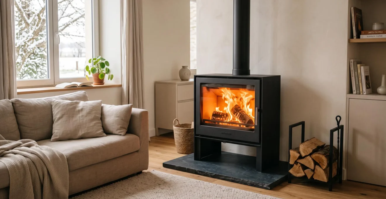 Poêle à bois contemporain en fonctionnement dans un salon français moderne, flammes visibles à travers la vitre, bûches empilées à côté, mobilier épuré, lumière naturelle hivernale douce