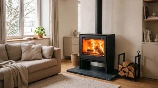 Poêle à bois contemporain en fonctionnement dans un salon français moderne, flammes visibles à travers la vitre, bûches empilées à côté, mobilier épuré, lumière naturelle hivernale douce