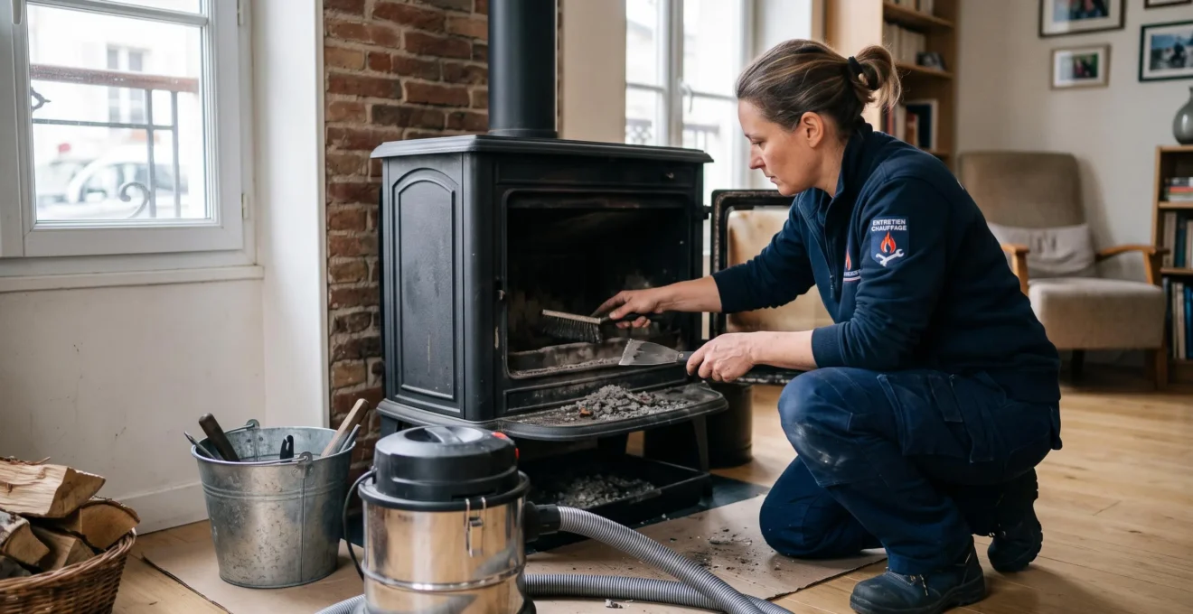 Technicien certifié effectuant la maintenance d'un poêle à bois dans un salon résidentiel français, nettoyant l'intérieur du foyer avec une brosse métallique, porte ouverte, aspirateur à cendres à proximité