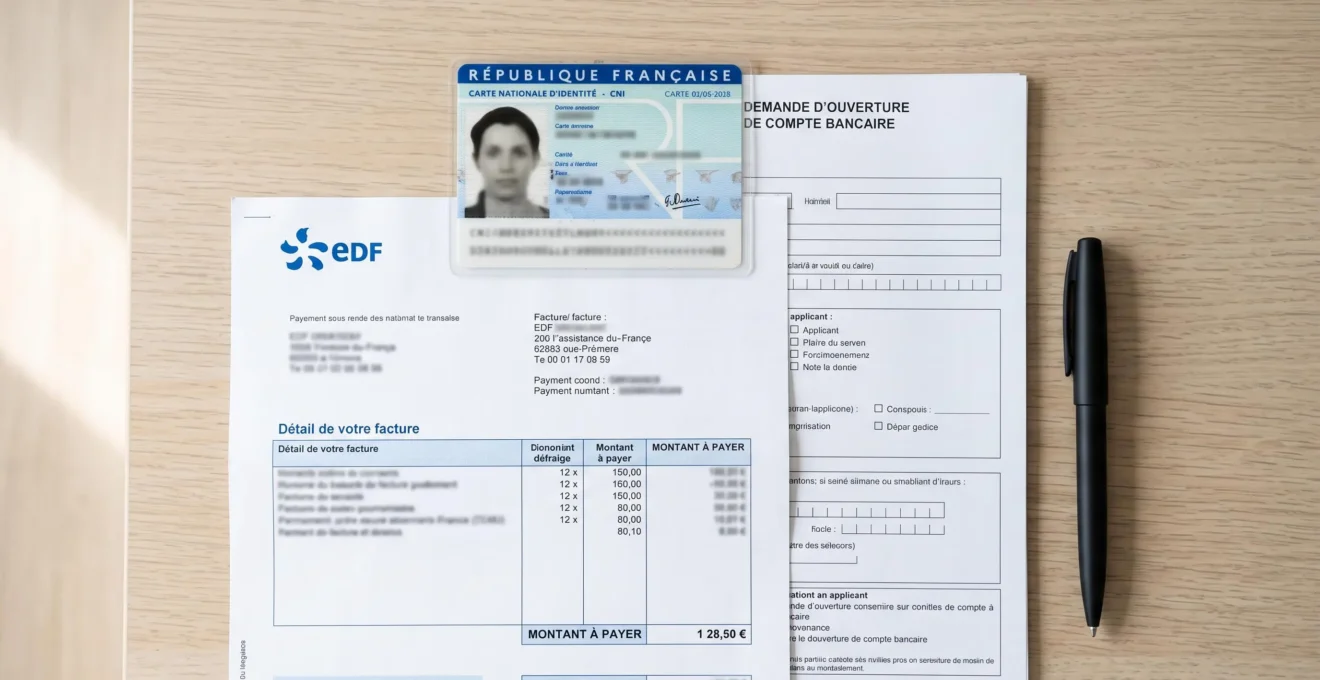 Vue de dessus sur un bureau avec carte d'identité française, facture EDF et formulaire bancaire vierge disposés de façon organisée