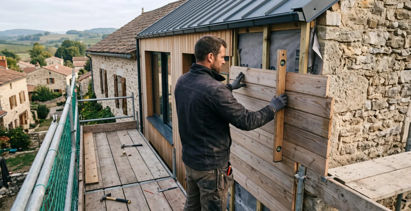 Un artisan aligne un revêtement sur la façade d'une extension en cours.