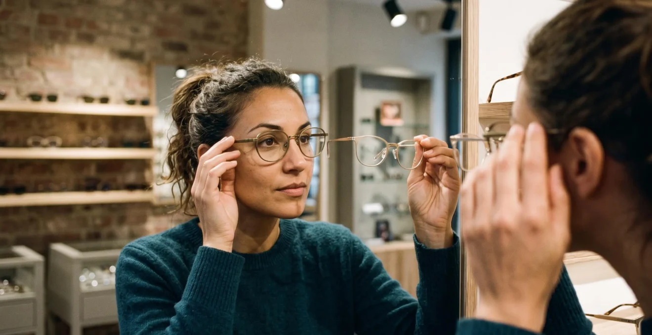 Une femme compare deux teintes de montures dorées devant un miroir d'opticien.