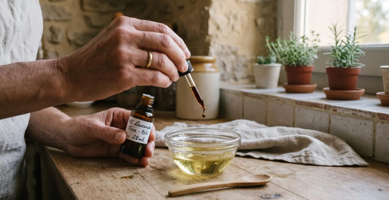 Des mains mesurent des gouttes d'huile essentielle dans un bol en verre.
