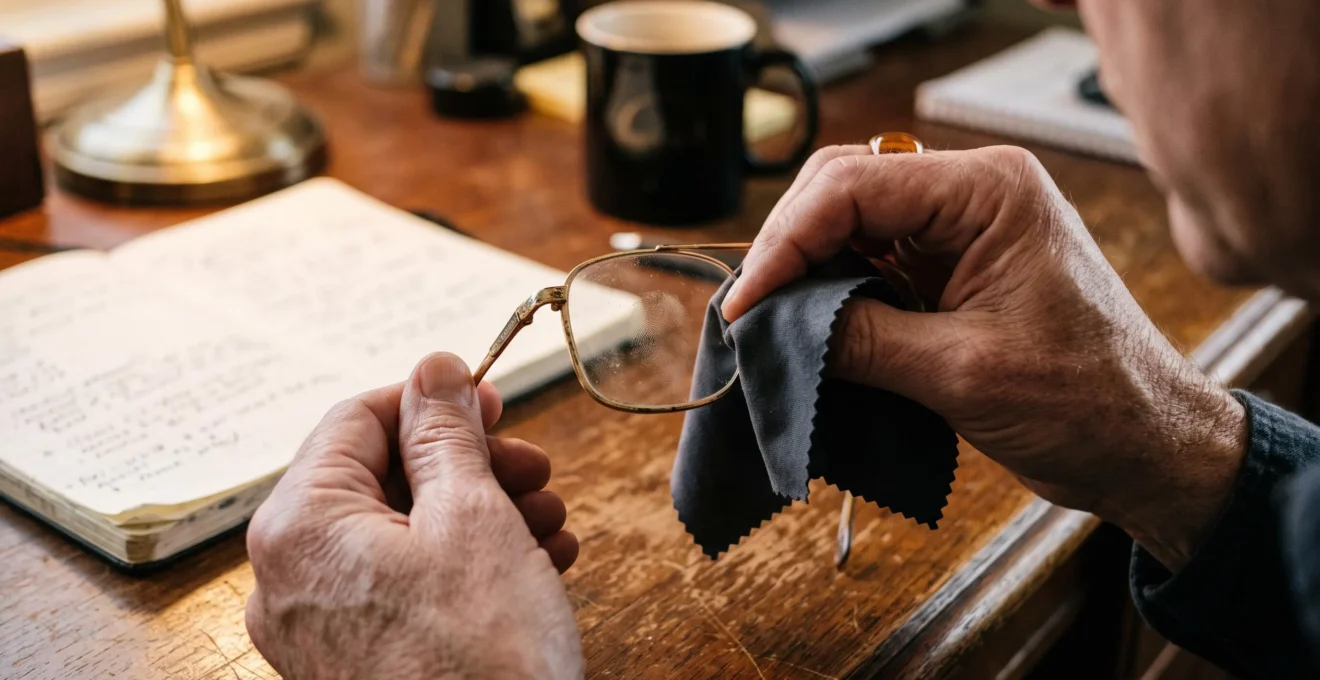 Des mains nettoient des lunettes dorées avec un chiffon sur un bureau.