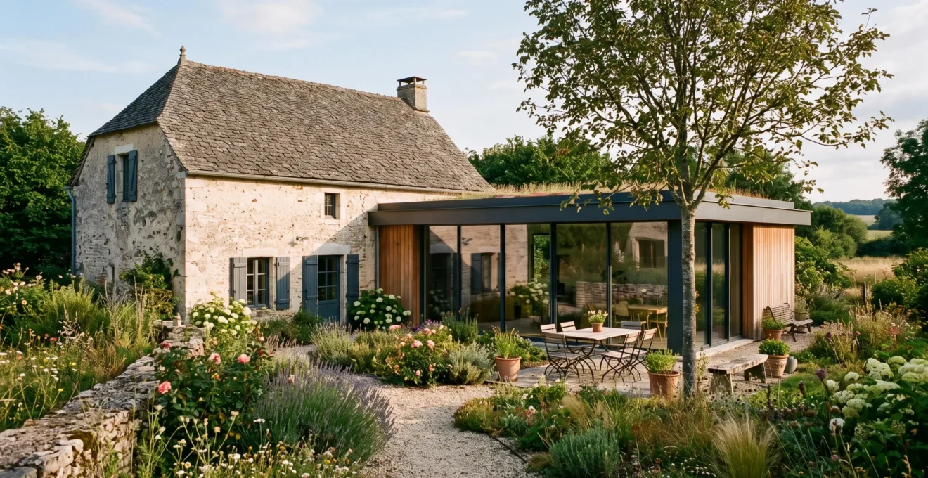 Une extension contemporaine en bois et verre accolée à une ancienne maison en pierre.