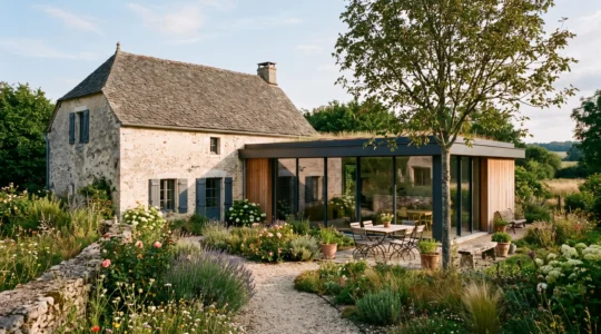 Une extension contemporaine en bois et verre accolée à une ancienne maison en pierre.