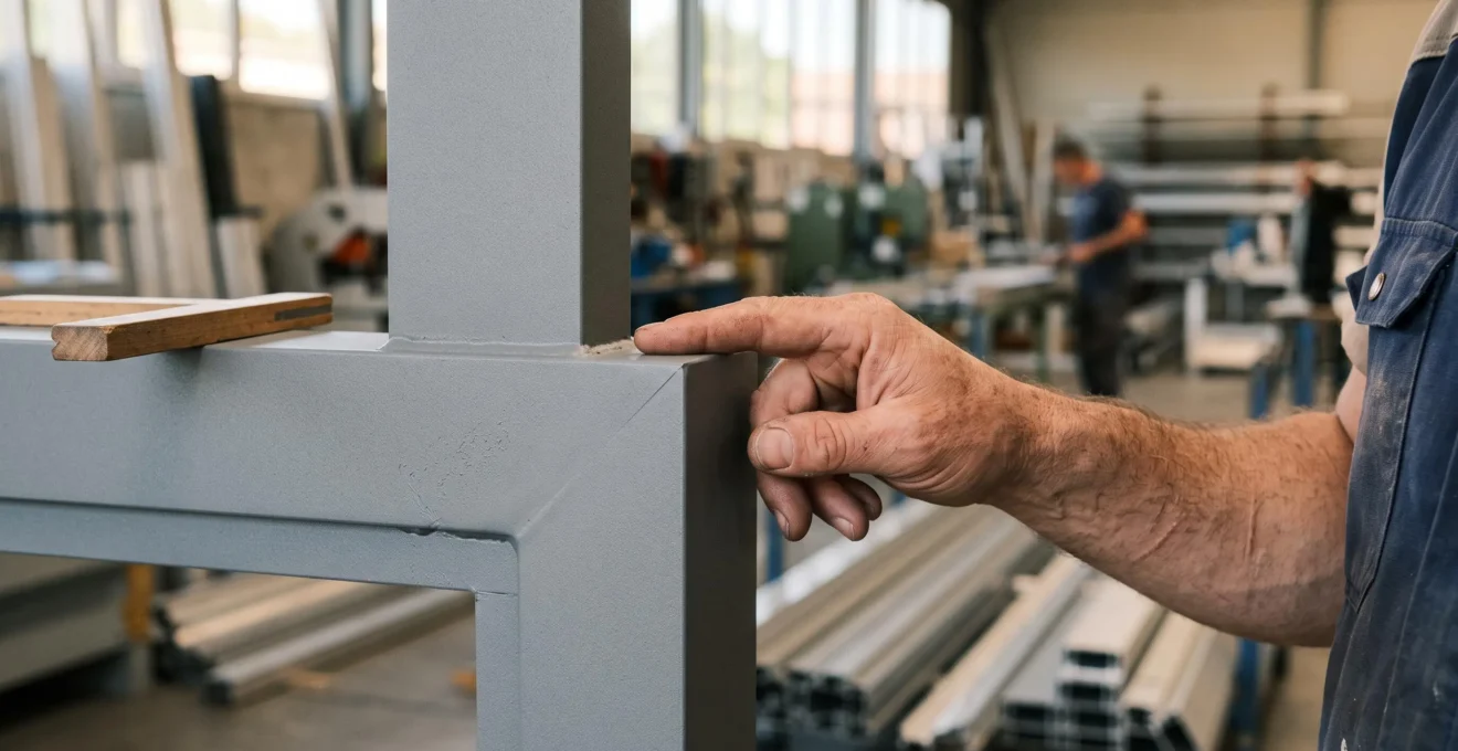 Une main contrôle la finition thermolaquée mate d'un profilé de pergola en aluminium.