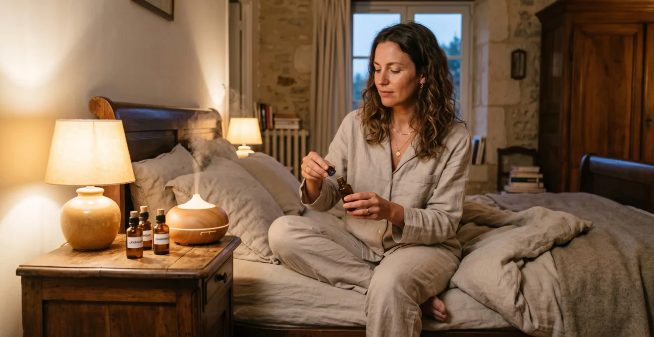 Une femme prépare des huiles essentielles et un diffuseur sur une table de nuit.