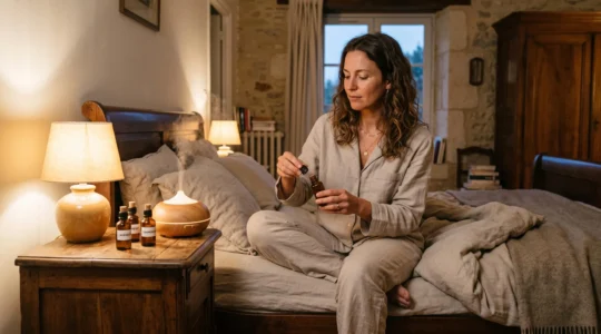 Une femme prépare des huiles essentielles et un diffuseur sur une table de nuit.
