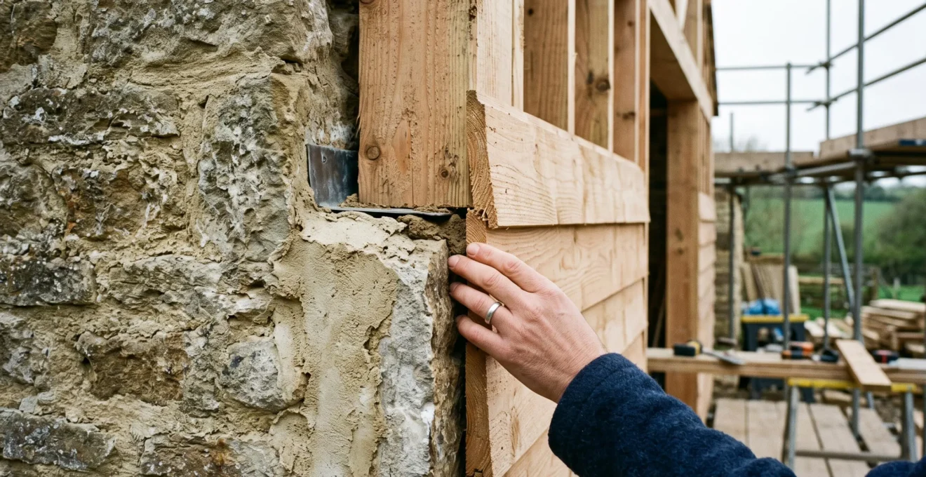 La jonction entre un mur de pierre ancien et l'ossature bois d'une extension.