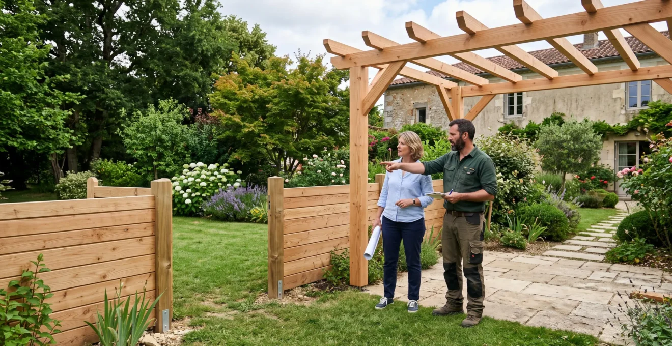 Un paysagiste et un propriétaire planifient l'implantation d'une pergola et d'un portail assorti.