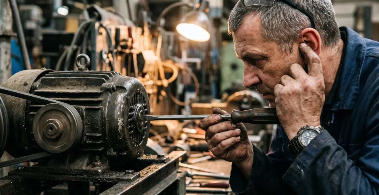 Un technicien écoute un bruit anormal de roulement avec un tournevis contre la machine.